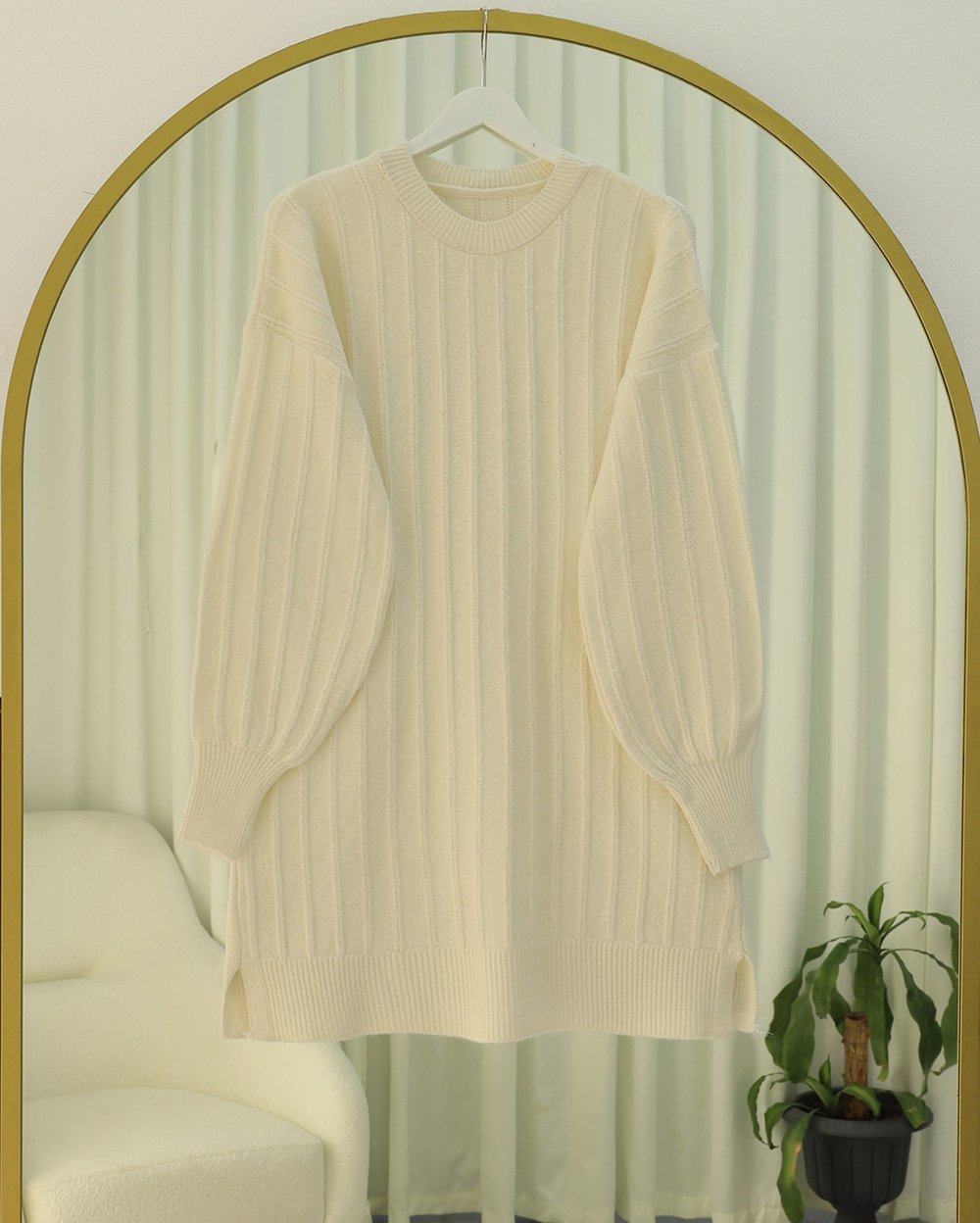 Fitilli Yırtmaçlı Yumoş Triko Tunik -Krem