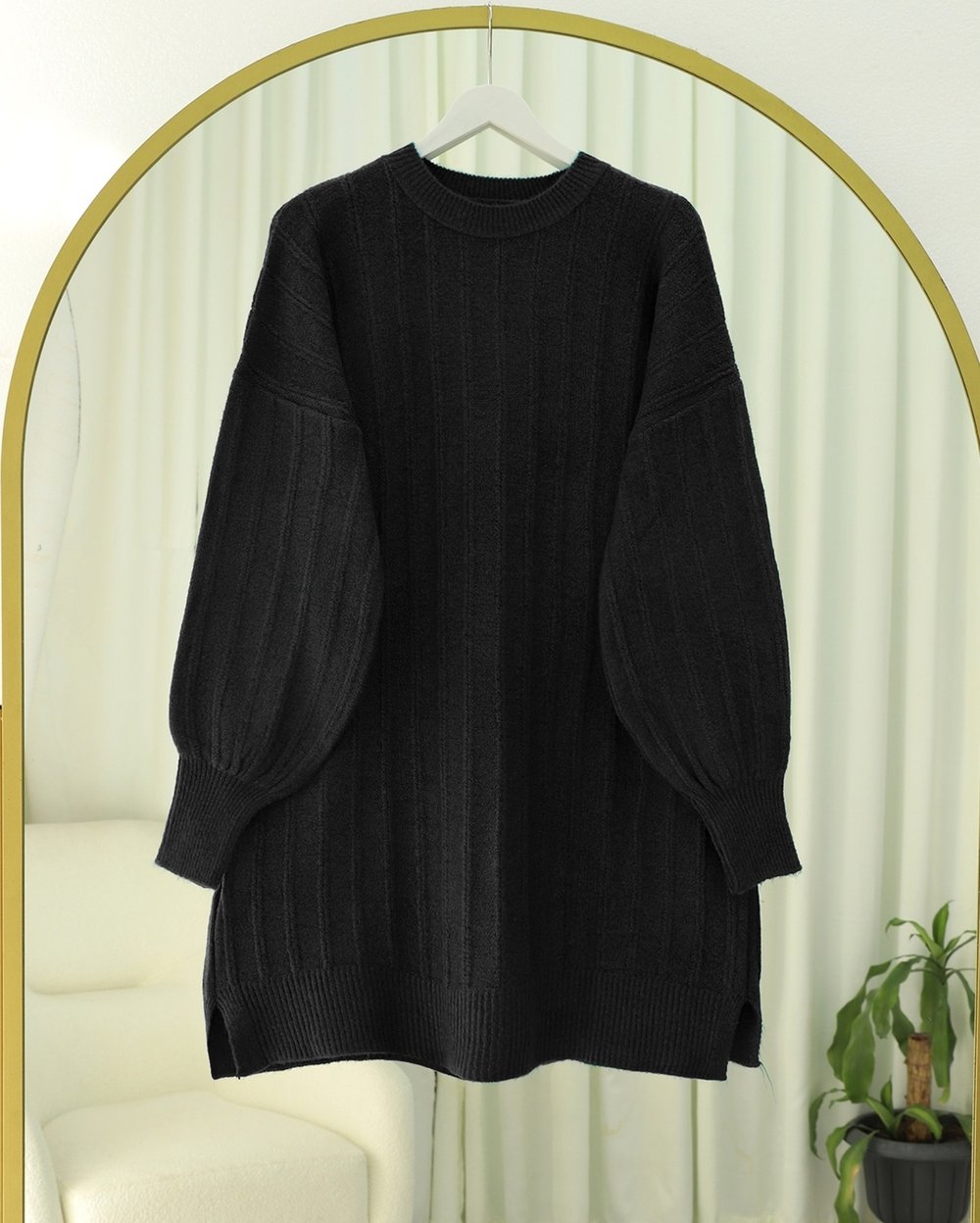 Fitilli Yırtmaçlı Yumoş Triko Tunik -Siyah