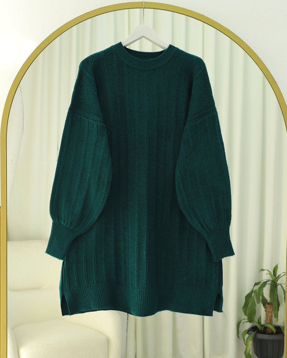 Fitilli Yırtmaçlı Yumoş Triko Tunik -Zümrüt