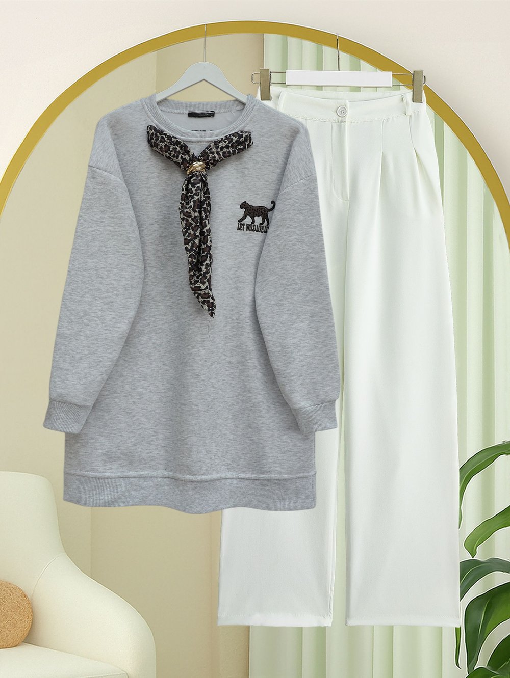 Fularlı Leopar Armalı 3 İplik Sweat -Açık Gri
