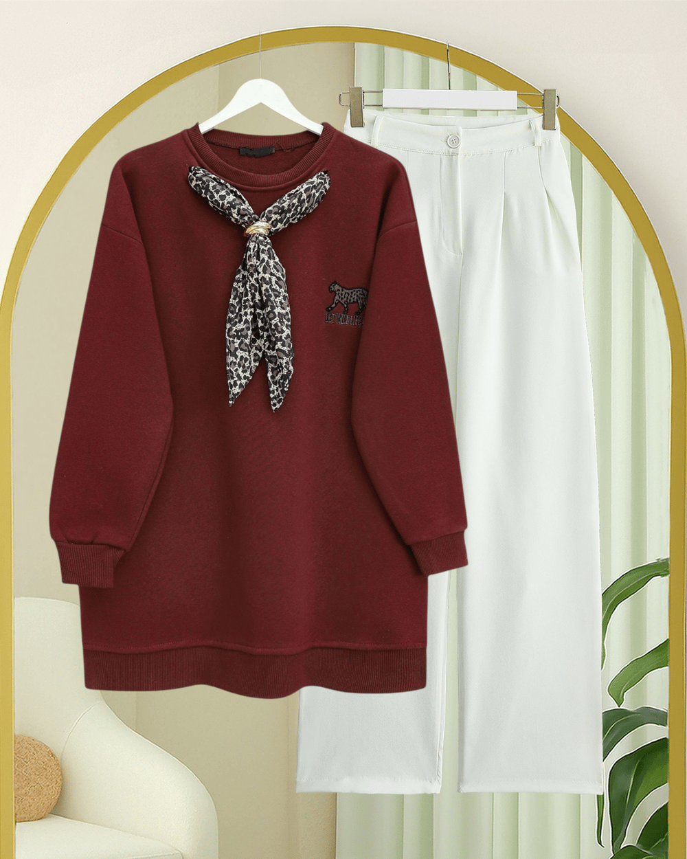 Fularlı Leopar Armalı 3 İplik Sweat -Bordo
