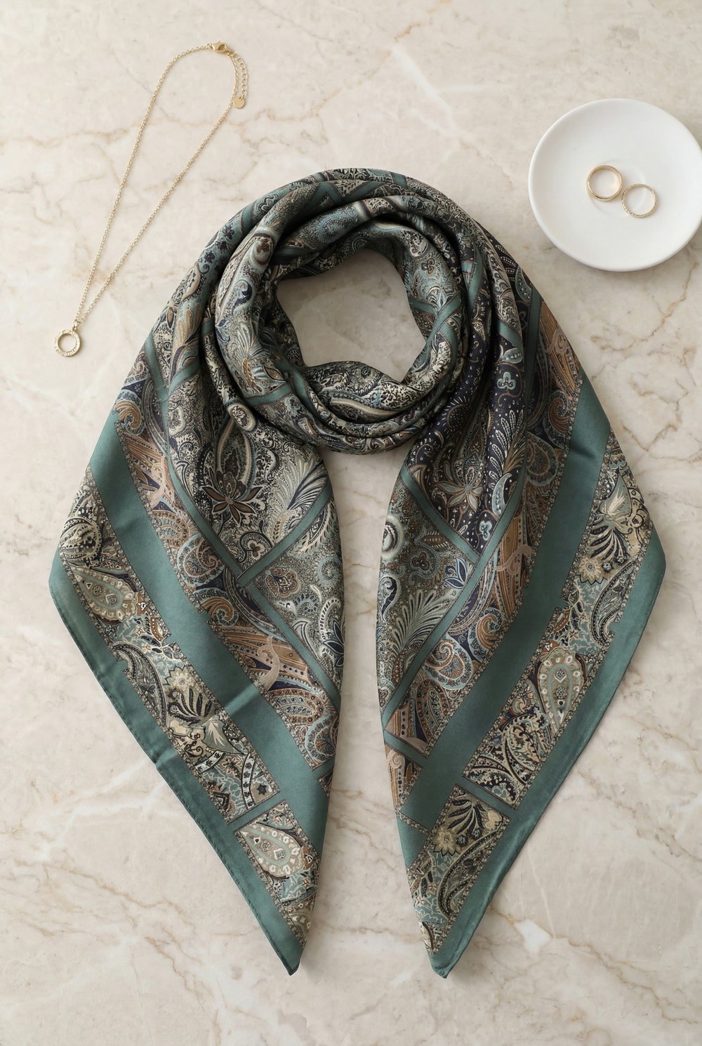 Geometrik Çerçeveli Rayon Eşarp -Çağla Yeşili