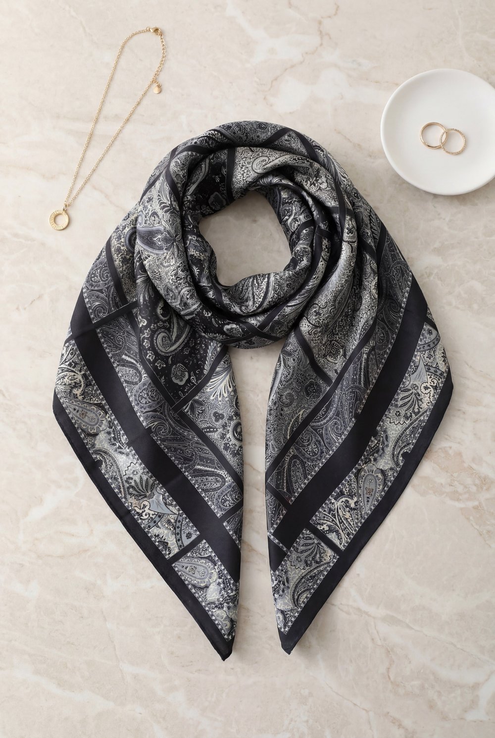 Geometrik Çerçeveli Rayon Eşarp -Gri