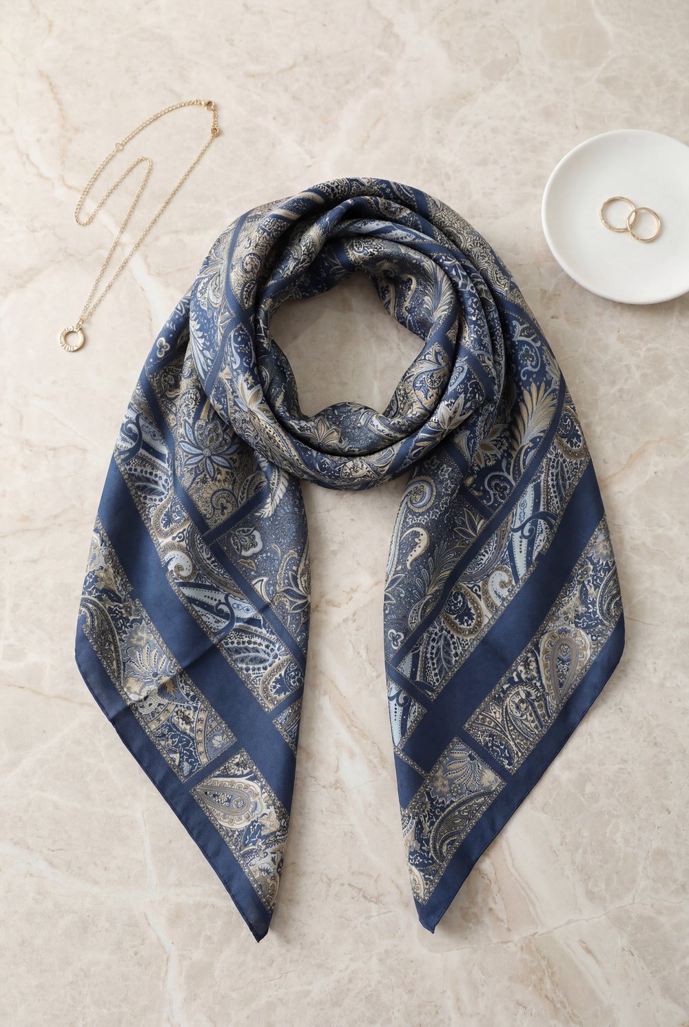 Geometrik Çerçeveli Rayon Eşarp -İndigo