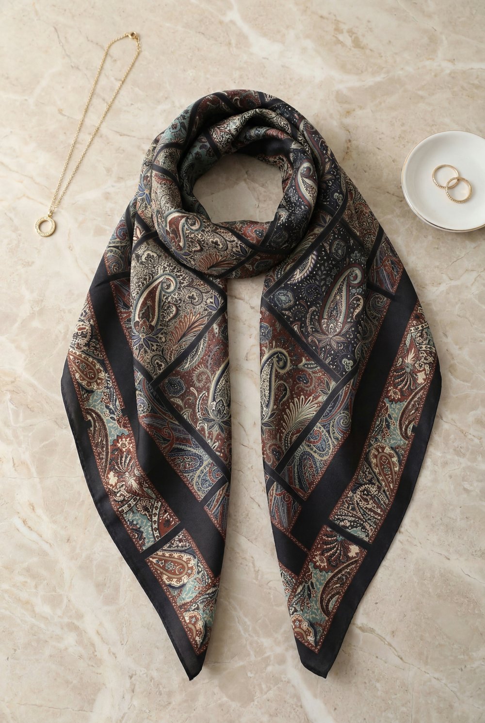 Geometrik Çerçeveli Rayon Eşarp -Koyu Bordo