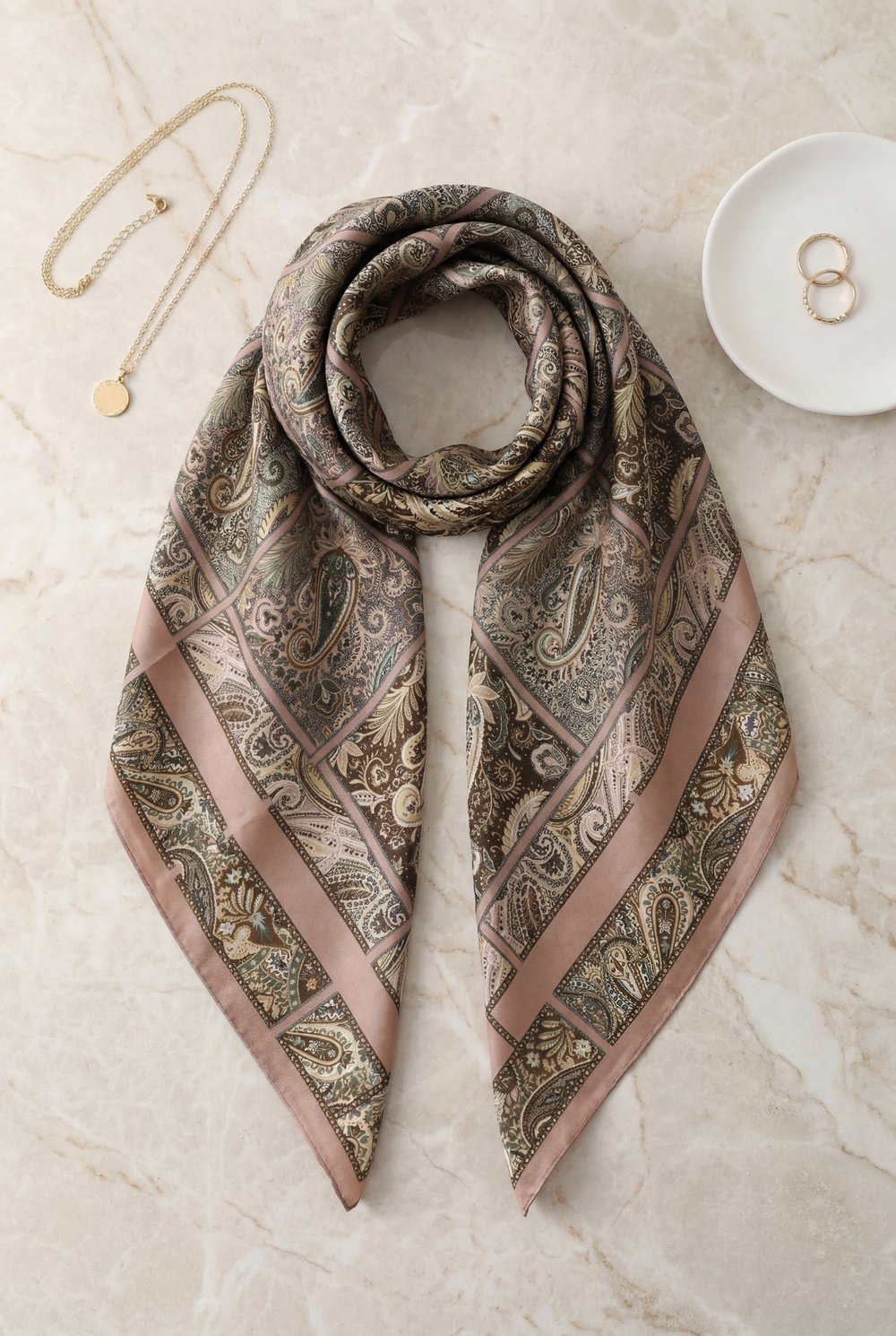 Geometrik Çerçeveli Rayon Eşarp -Yavruağzı