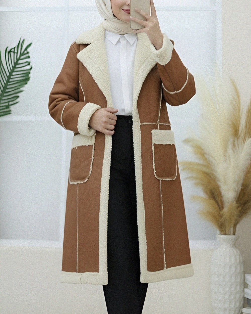 İçi Peluşlu Çıtçıtlı Cepli Deri Mont -Taba