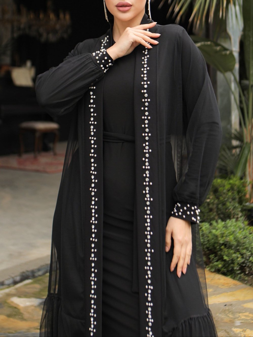 İncili Taşlı İkili Abaya Takım -Siyah