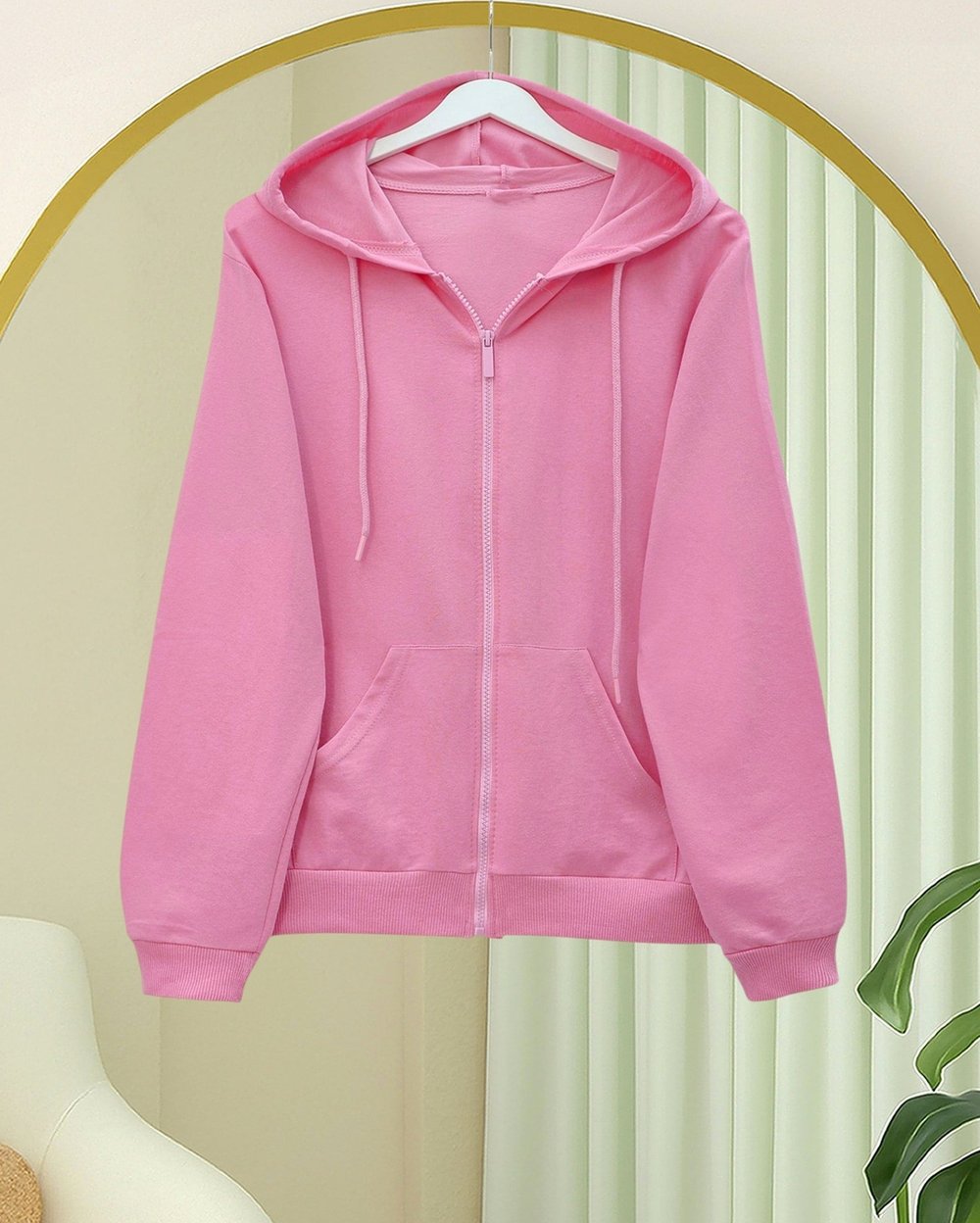 Kapşonlu Fermuarlı Cepli Penye Sweat  -Pembe