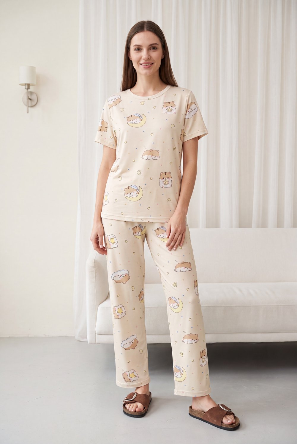 Karışık Figür Desenli Bisiklet Yaka Kısa Kol Penye Pijama Takımı -Krem