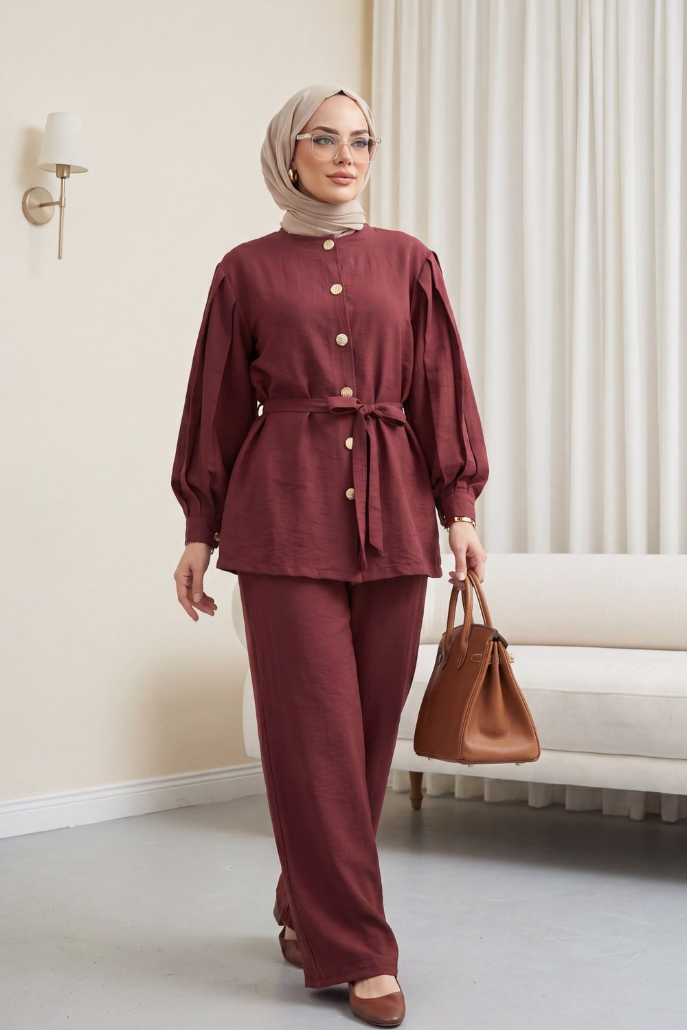 Karpuz Kol Beli Bağcıklı Pantolonlu Lena Takım -Mürdüm