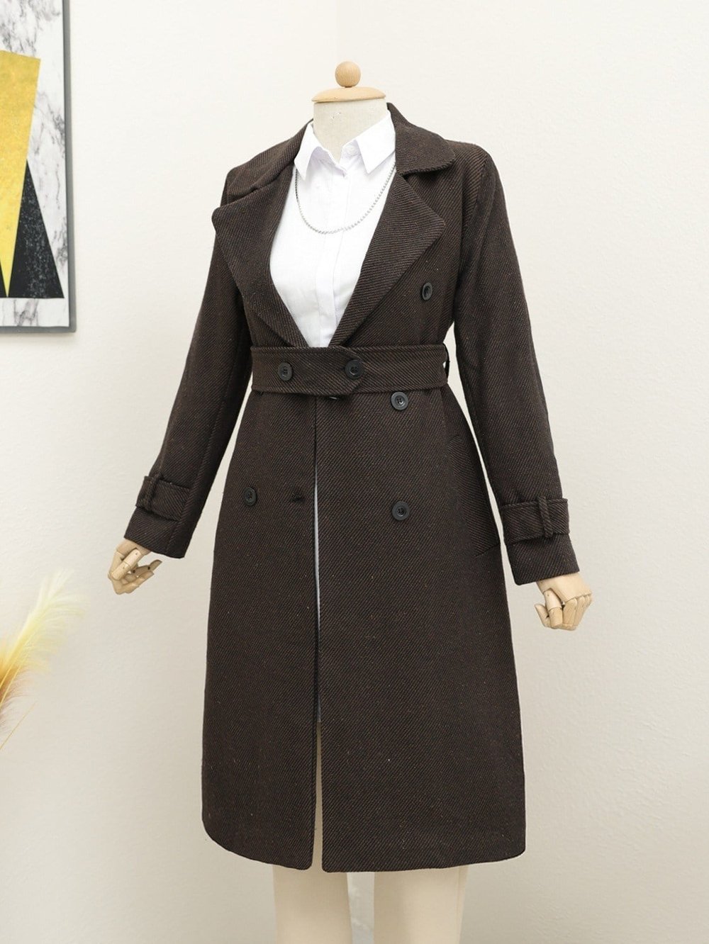 Kemerli Astarlı Bolero Detaylı Kaban -Kahve