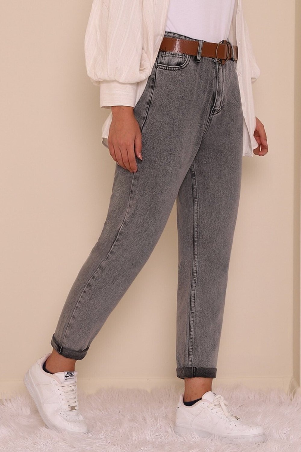 Kemerli Kot Pantolon -Füme