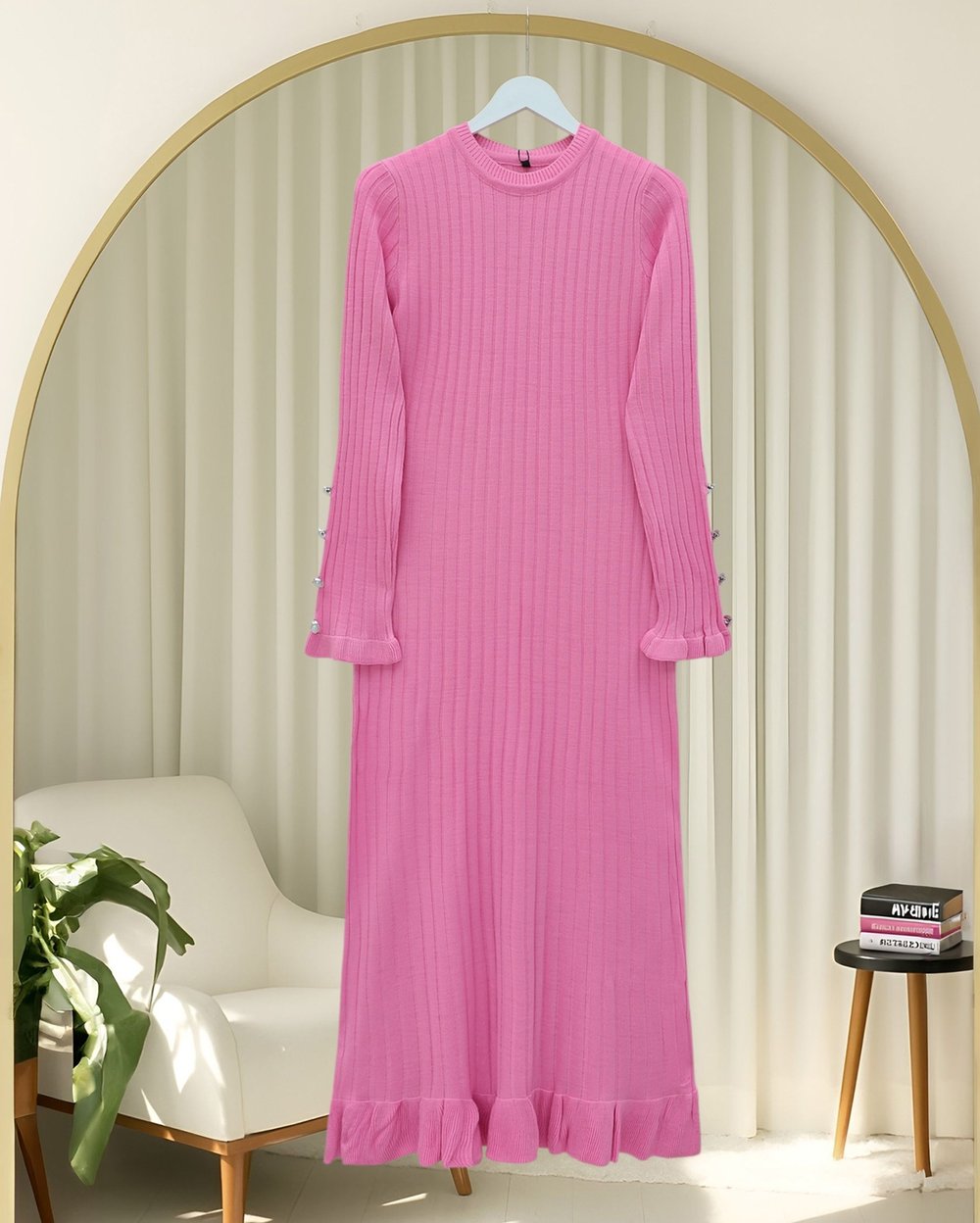 Kolları Düğmeli Eteği Fırfırlı Triko Elbise -Pembe