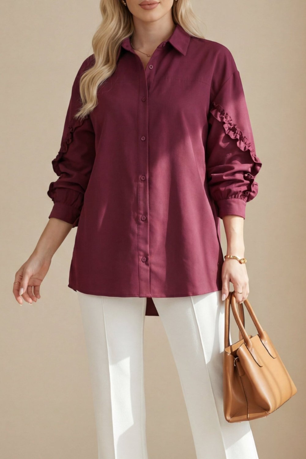Kolları Fırfırlı Düğmeli Poplin Gömlek -Bordo