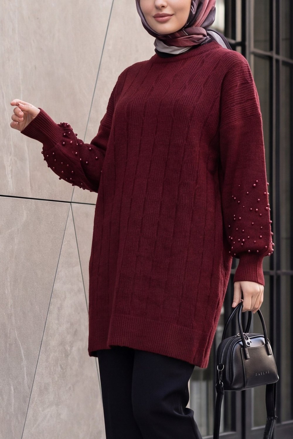 Kolları İnci Detaylı Desenli Salaş Triko Tunik  -Bordo