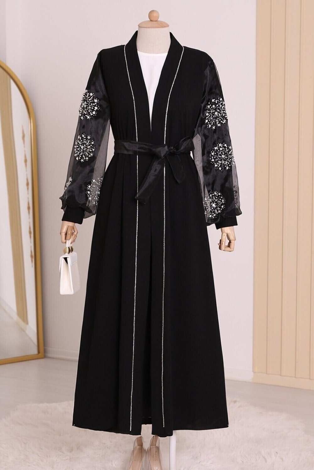 Kolları İnci Taş Detaylı Tesettür Abaya -Siyah