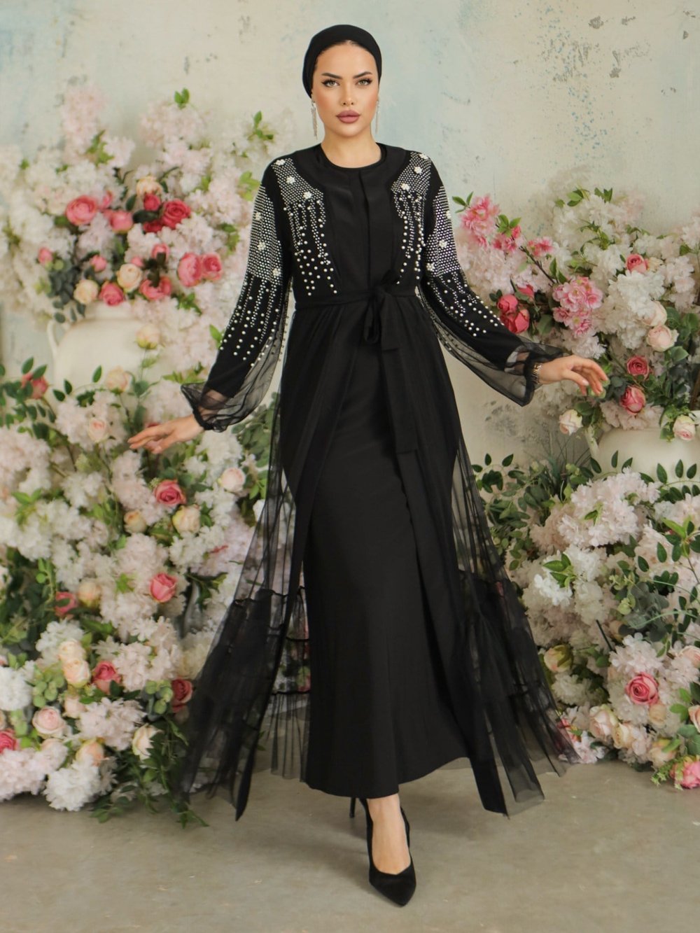 Kolları İncili Taşlı İkili Abaya Takım -Siyah