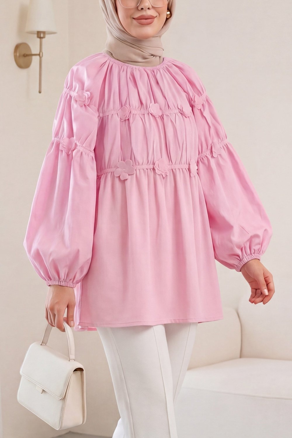 Kolları Lastikli Papatya Detaylı Poplin Tunik -Pudra