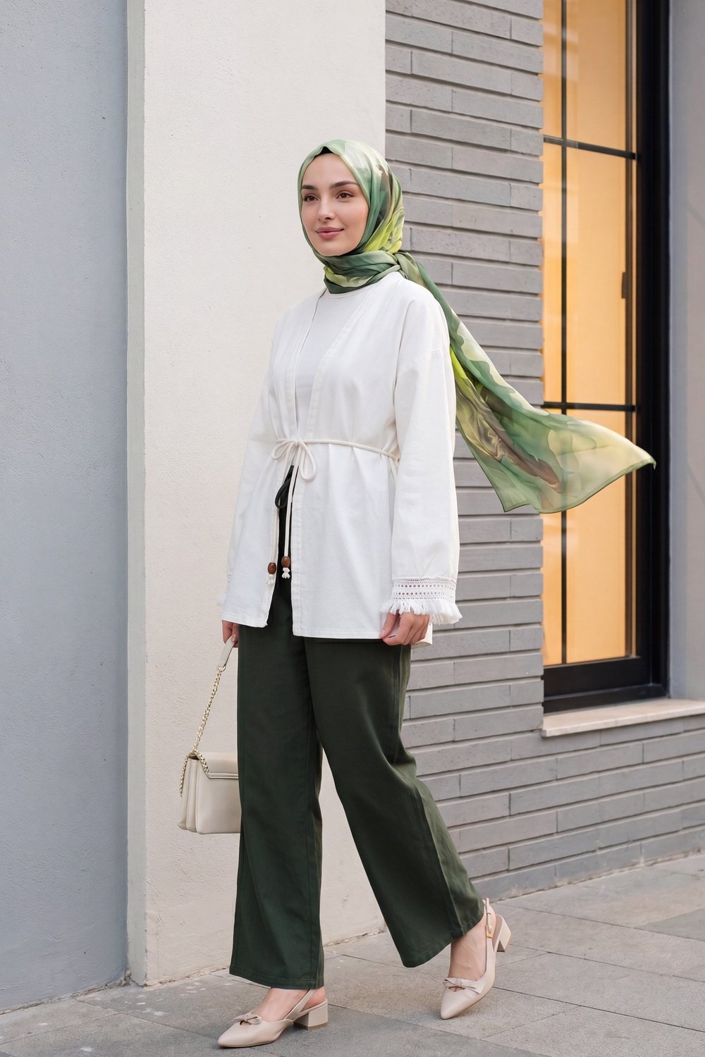 Kolları Püsküllü Beli Kemerli Keten Kimono -Ekru