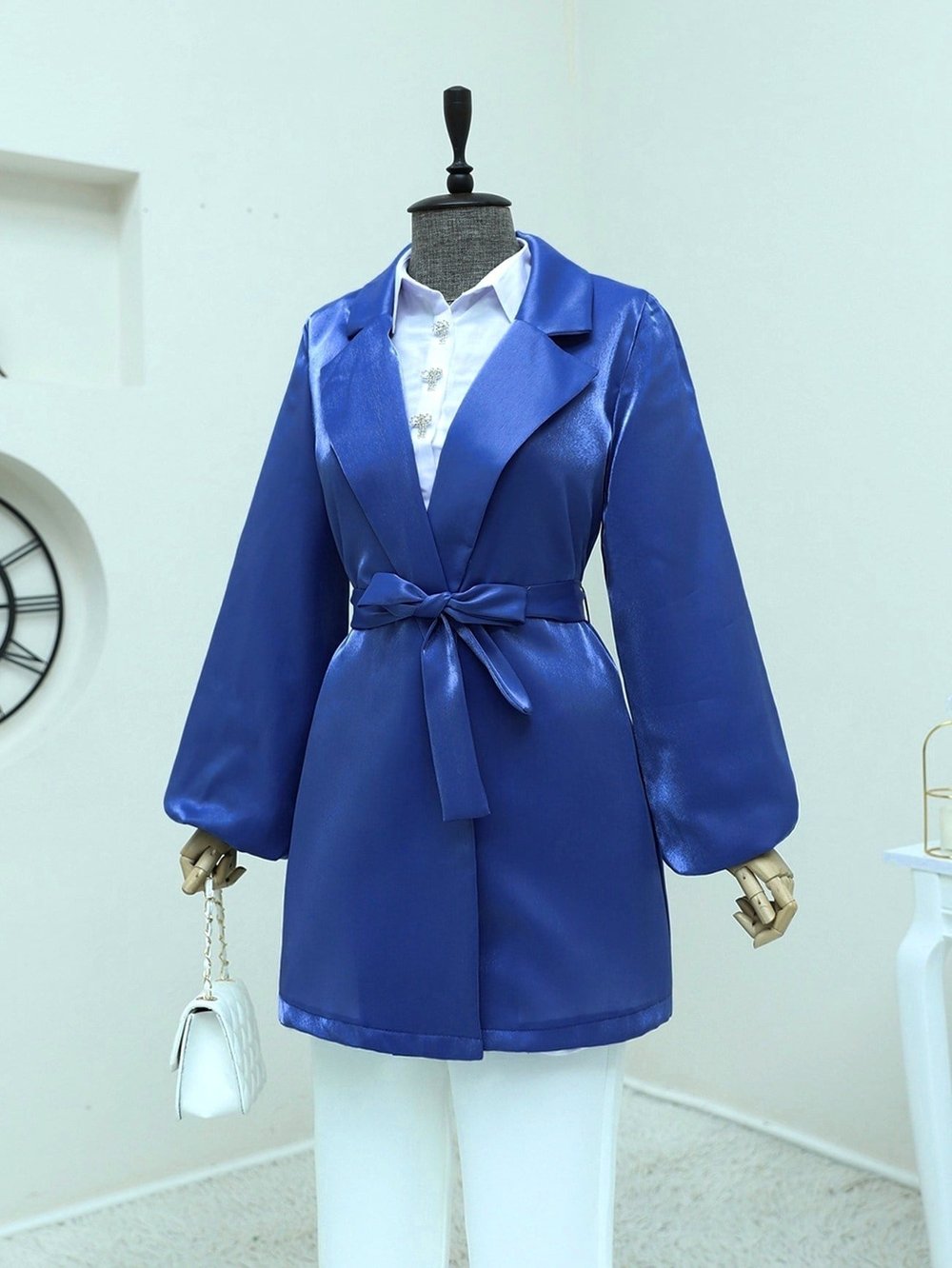 Kolları Volanlı Bağcıklı Saten Ceket  -Saks
