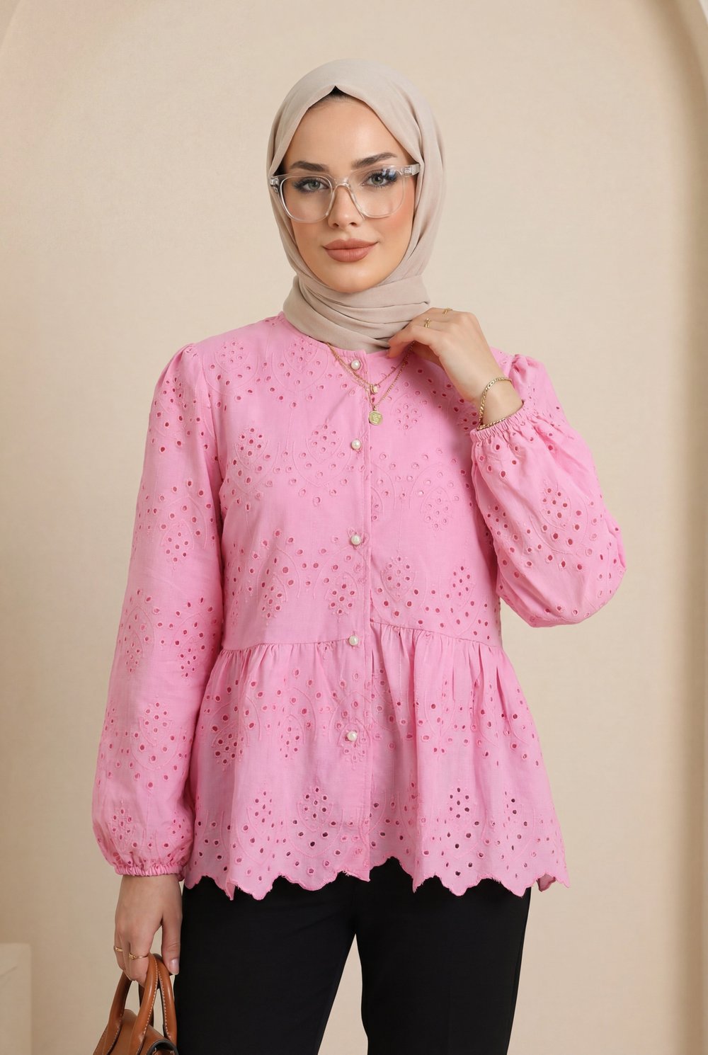 Kolu Lastikli Ajurlu Düğmeli Astarlı Gömlek  -Pembe