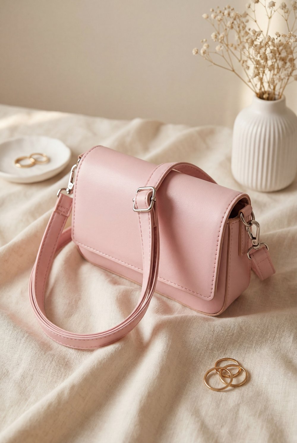 Minimalist Mıknatıslı Kapaklı Askılı Çapraz Çanta  -Pembe