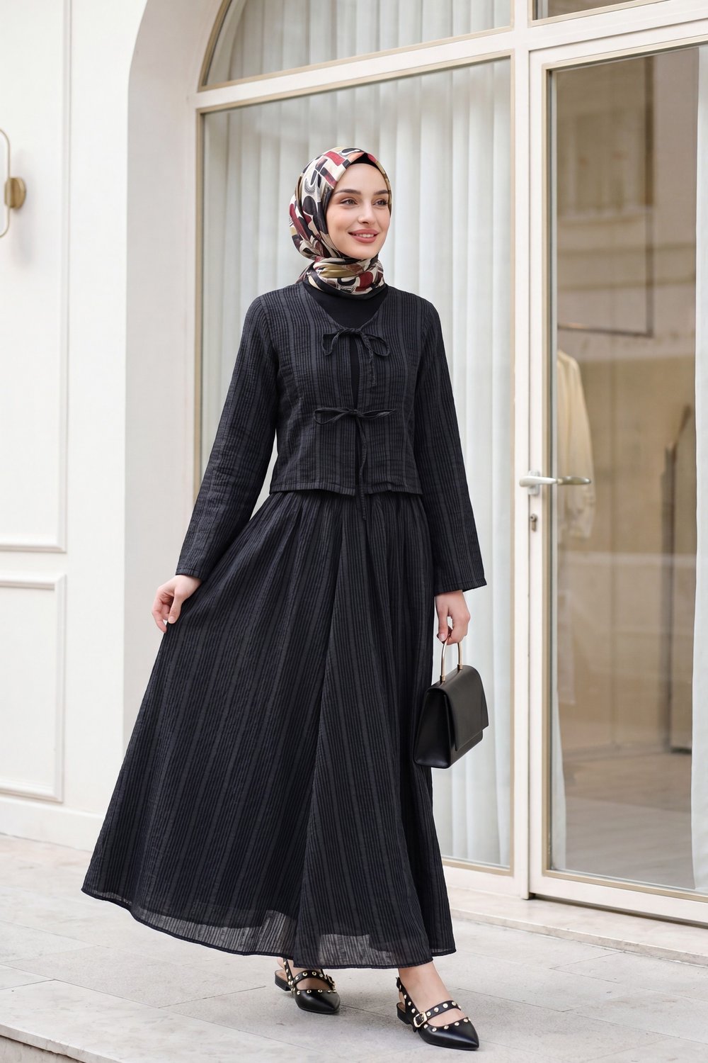 Önü Bağcıklı Eteği Astarlı Bürümcük Kimono Takım -Siyah
