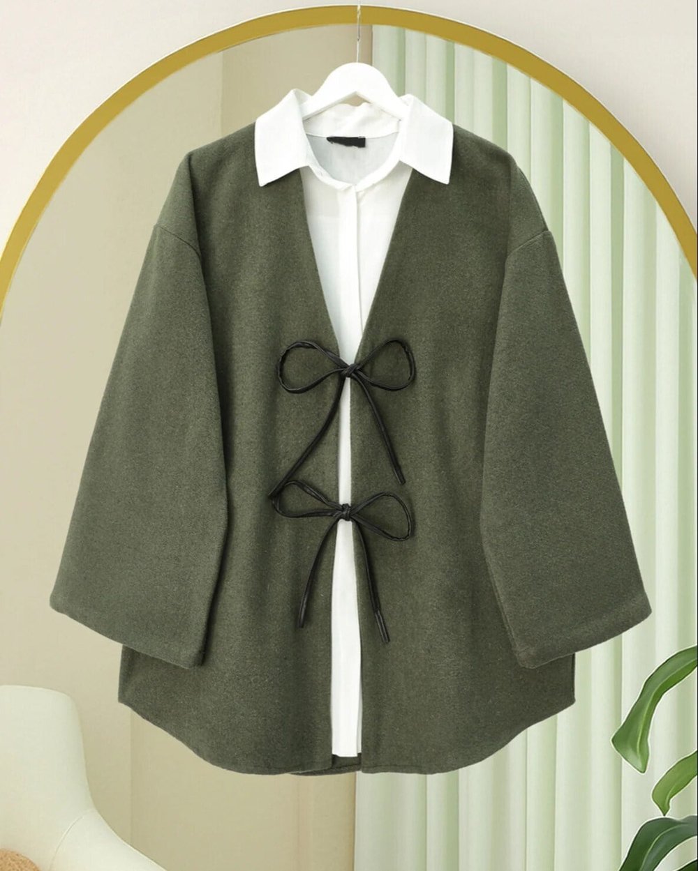 Önü Bağcıklı Oval Kesim Kaşe Kimono     -Haki