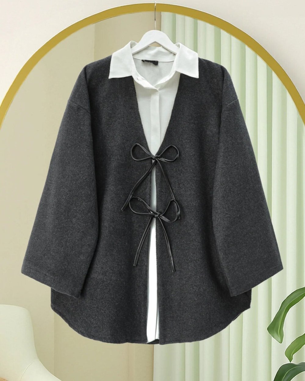 Önü Bağcıklı Oval Kesim Kaşe Kimono     -Antrasit