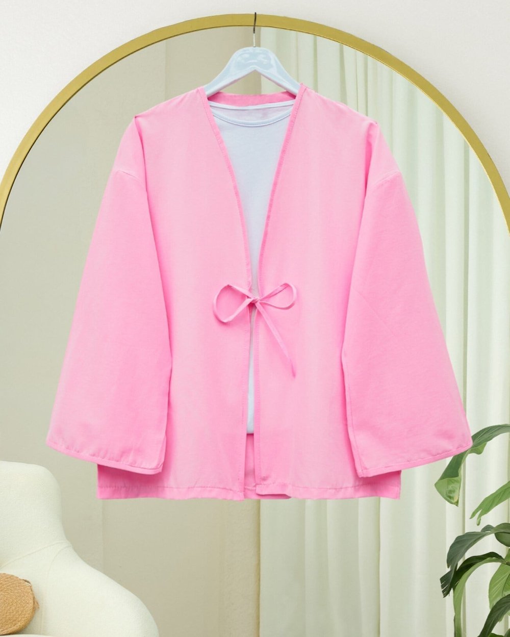 Önü Bağcıklı Poplin Kimono -Pembe