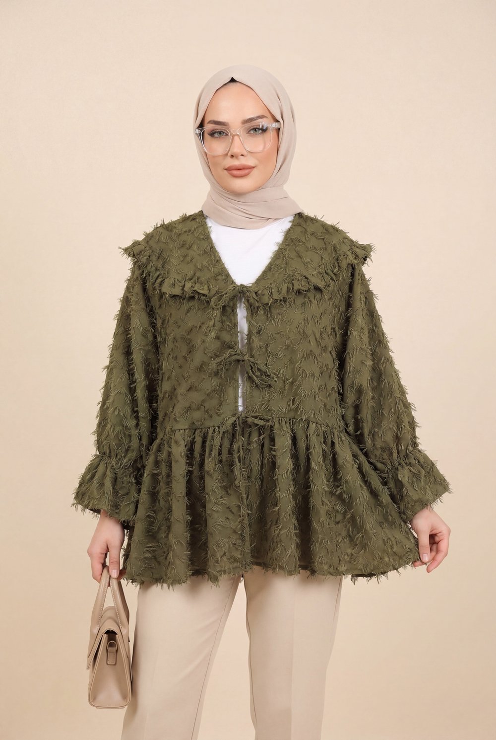 Önü Bağcıklı Tüylü Dokulu Clip Jakar Kimono -Haki