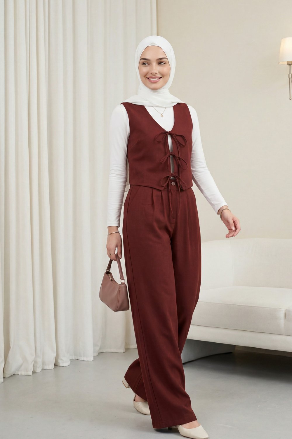 Önü Bağcıklı Yelek Pantolon İkili Keten Görünümlü Takım  -Bordo