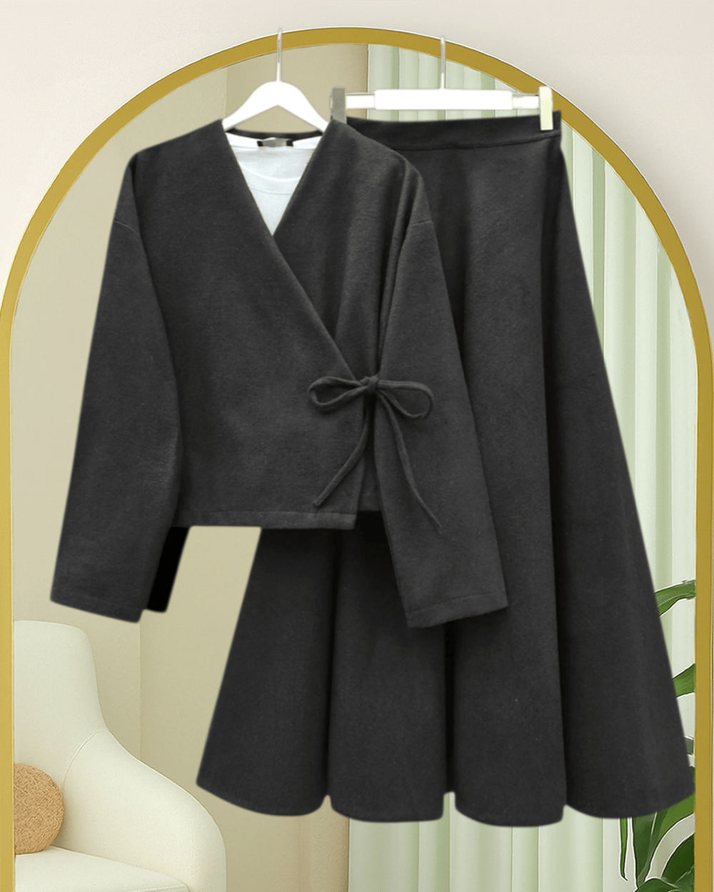 Önü Bağlamalı Etekli Kaşe Kimono Takım  -Siyah
