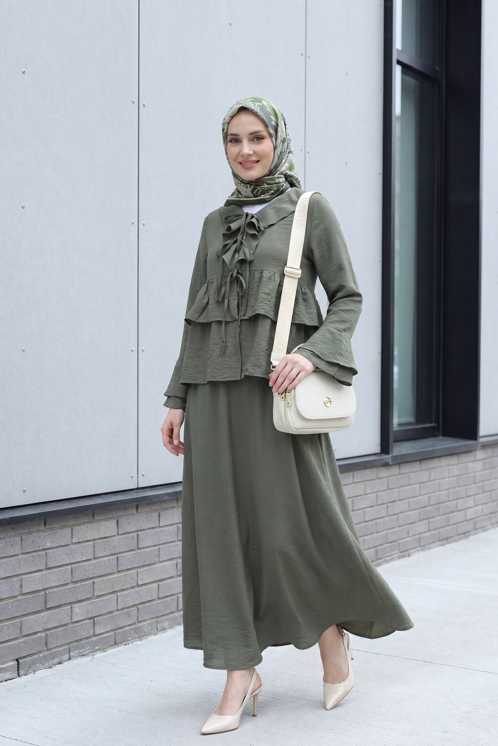 Önü Bağlamalı Fırfırlı İspanyol Kol Etekli Cupra Kimono Takım -Haki