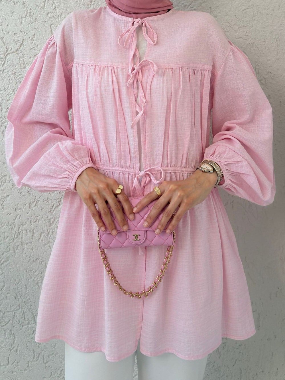 Önü Bağlamalı Kolları Lastikli Gömlek -Pembe