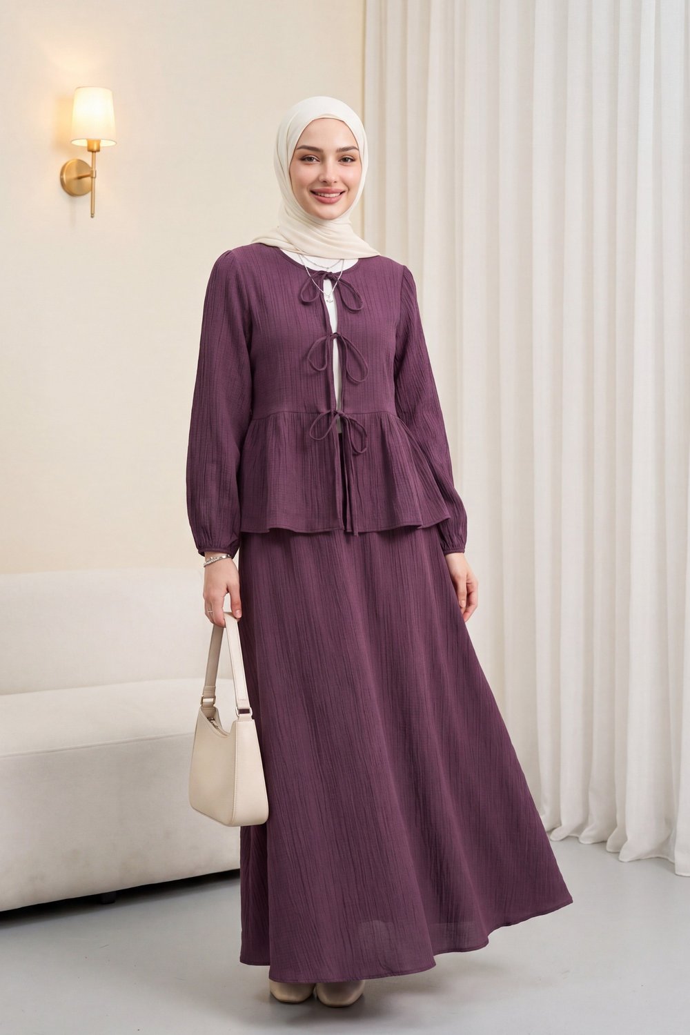 Önü Bağlamalı Kolu Lastikli Etekli Krinkıl Kimono Takım -Mürdüm
