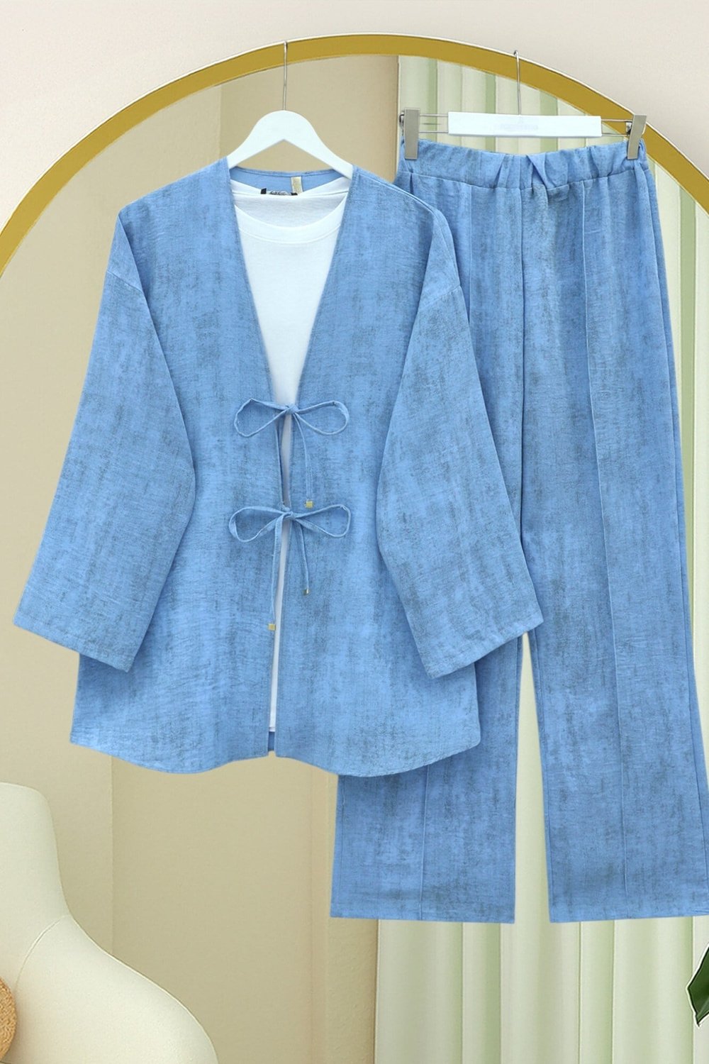 Önü Bağlamalı Pantolonlu Keten Görünümlü Kimono Takım  -Mavi