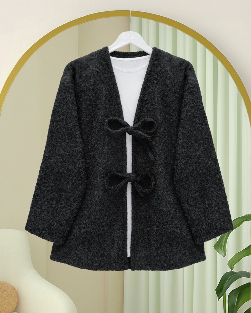Önü Bağlamalı Sakallı Kimono -Siyah