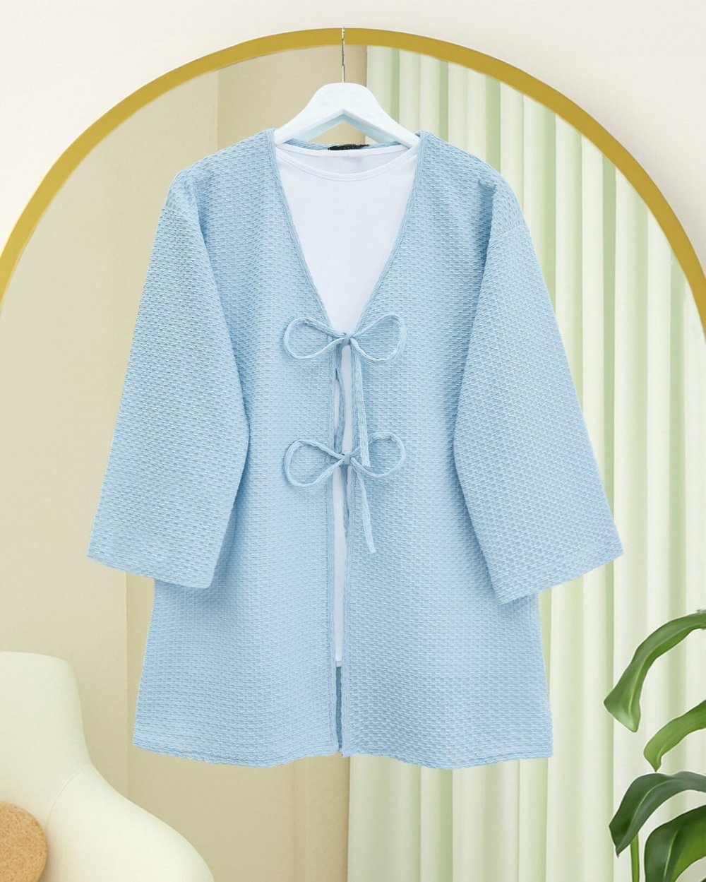 Önü Çift Bağcıklı Petek Desen Kimono -Bebe Mavi