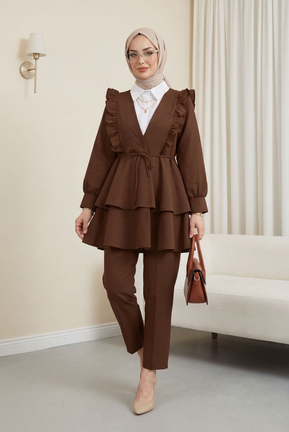 Önü Fırfırlı Bağcıklı Eteği Katlı Pantolonlu Kimono Takım     -Taba