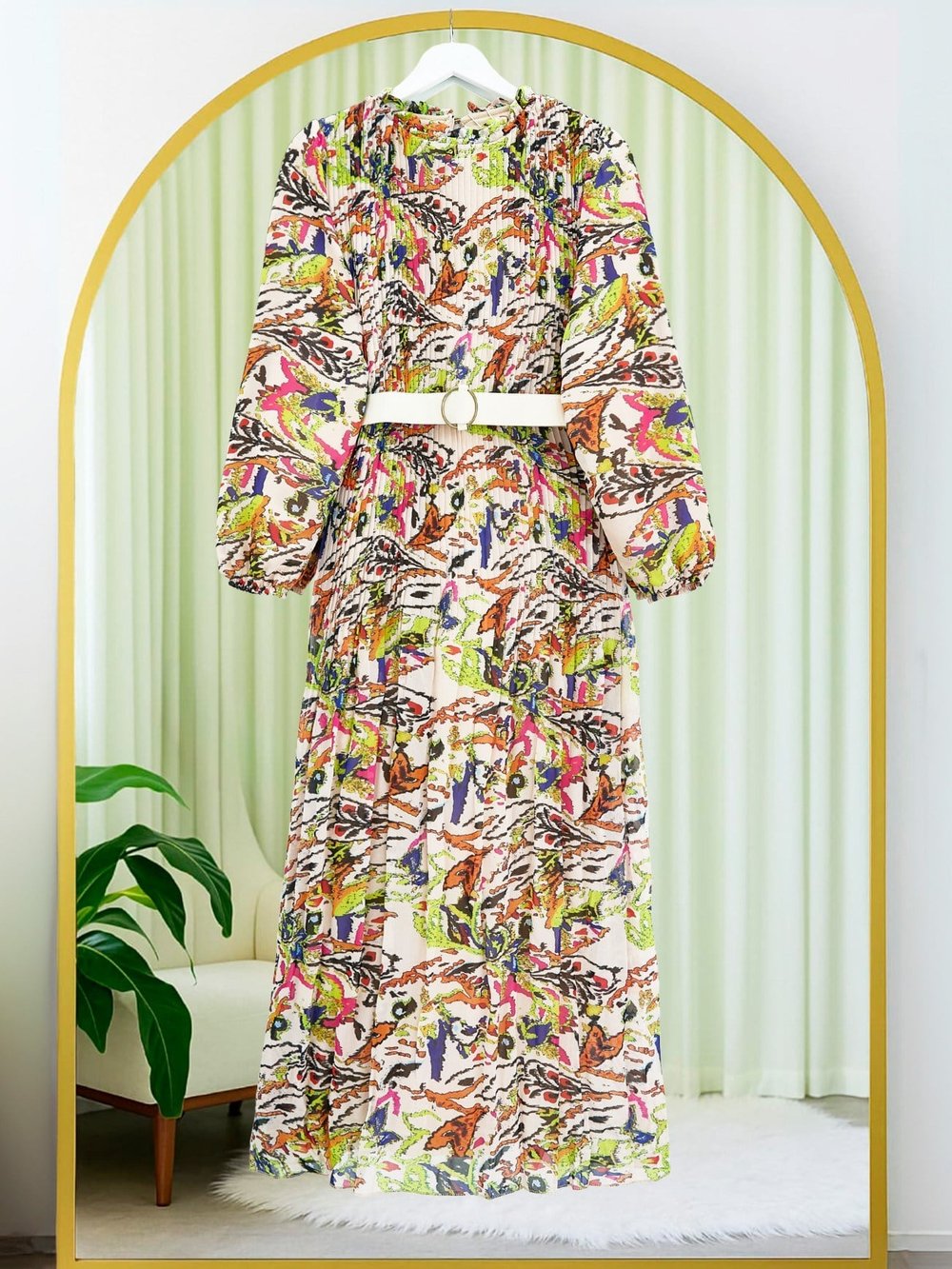 Önü Pileli Kemerli Şifon Elbise -Somon
