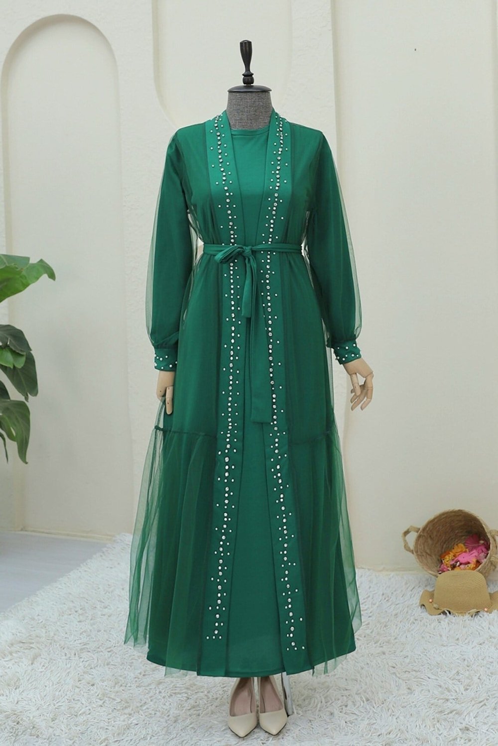 Önü Taş Ve İnci Detaylı Beli Bağcıklı İkili Abaya -Yeşil