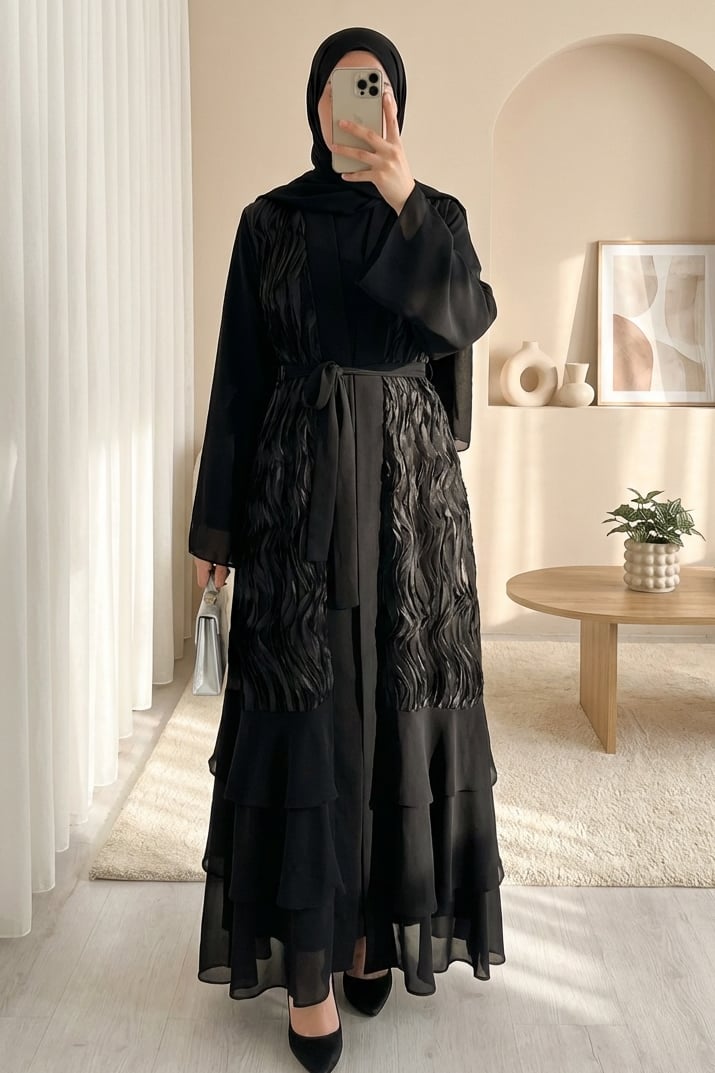 Önü Tül Detaylı Kemerli Eteği Katlı İkili Abaya Takım -Siyah