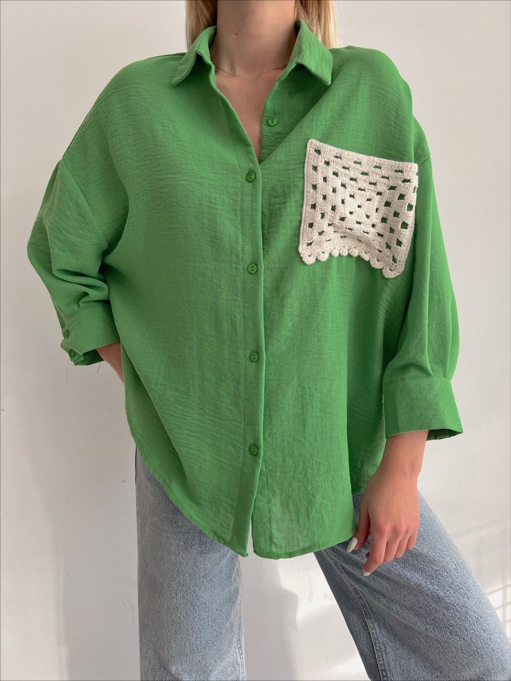 Örgü Cepli Fakir Kol Salaş Gömlek -Yeşil