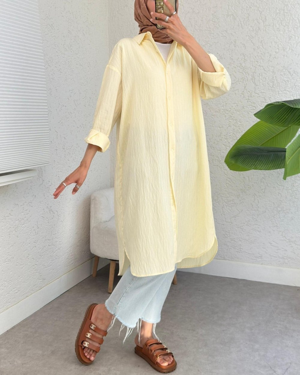 Oval Kesim Karaş Uzun Salaş Tunik -Açık Sarı