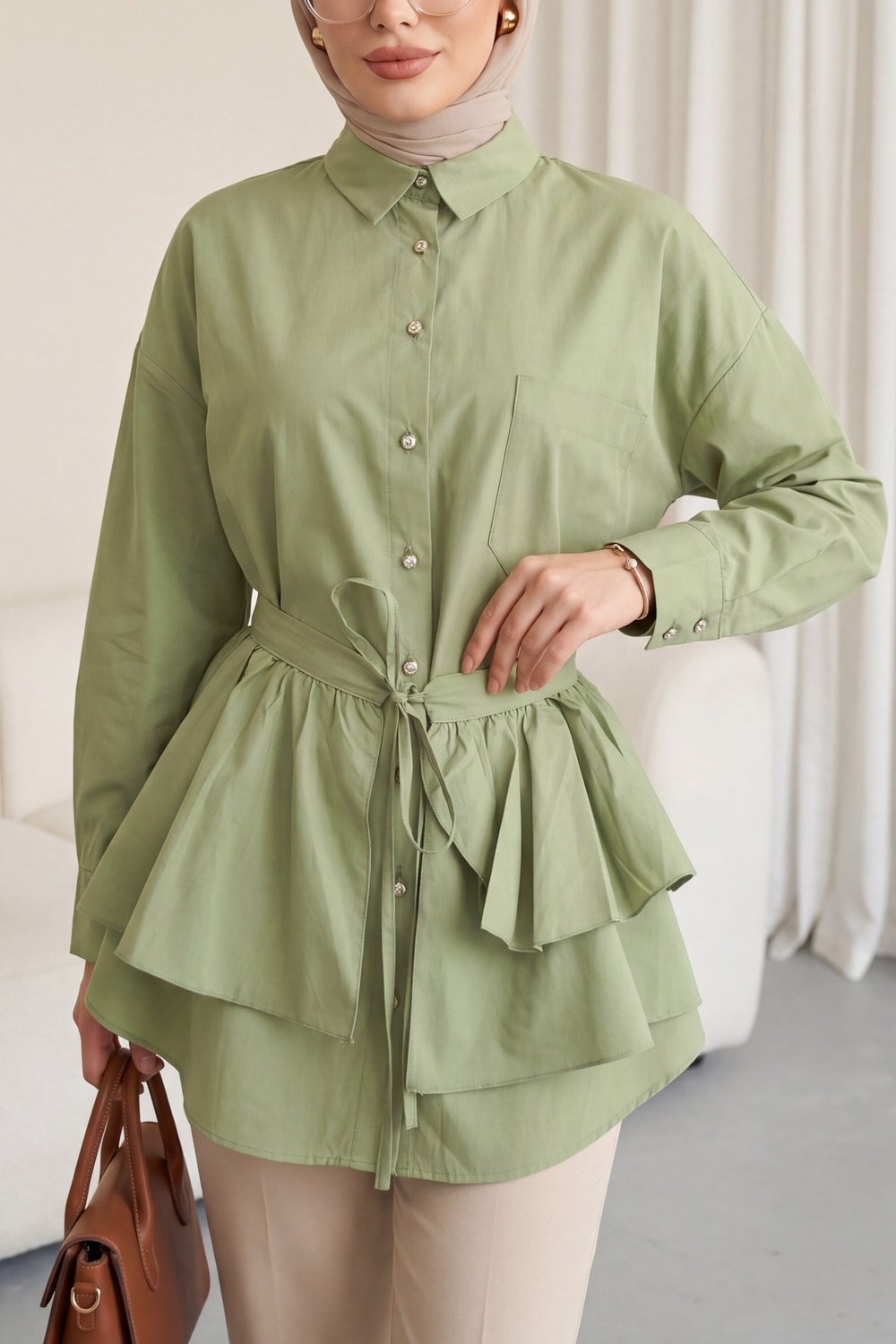 Pelerin Detaylı Düğmeli Oval Kesim Poplin Tunik -Çağla Y.