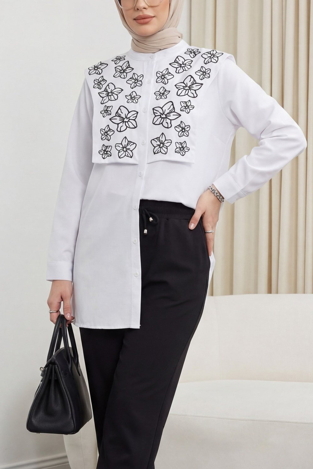 Plastron Detaylı Nakışlı Poplin Gömlek -Beyaz