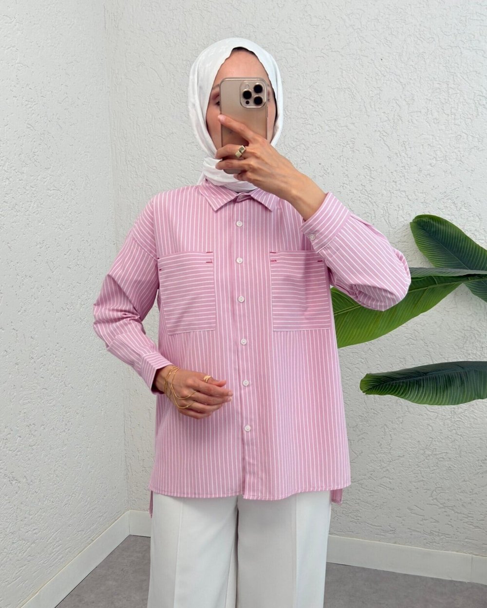 Puntalı Çizgili Gömlek -Pembe