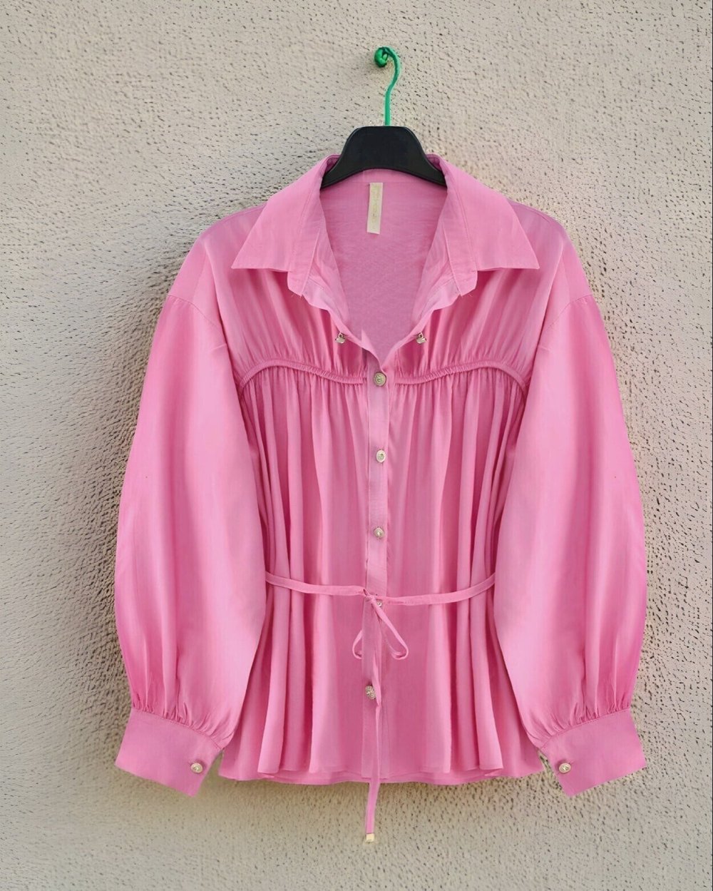 Robadan Büzgülü Beli Bağcıklı Gömlek -Pembe